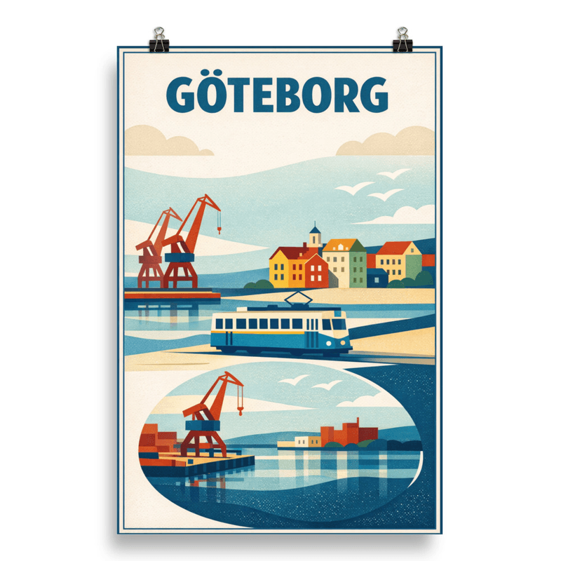 Affiche vintage Göteborg – Poster de voyage rétro, port et tramway, SUEDE