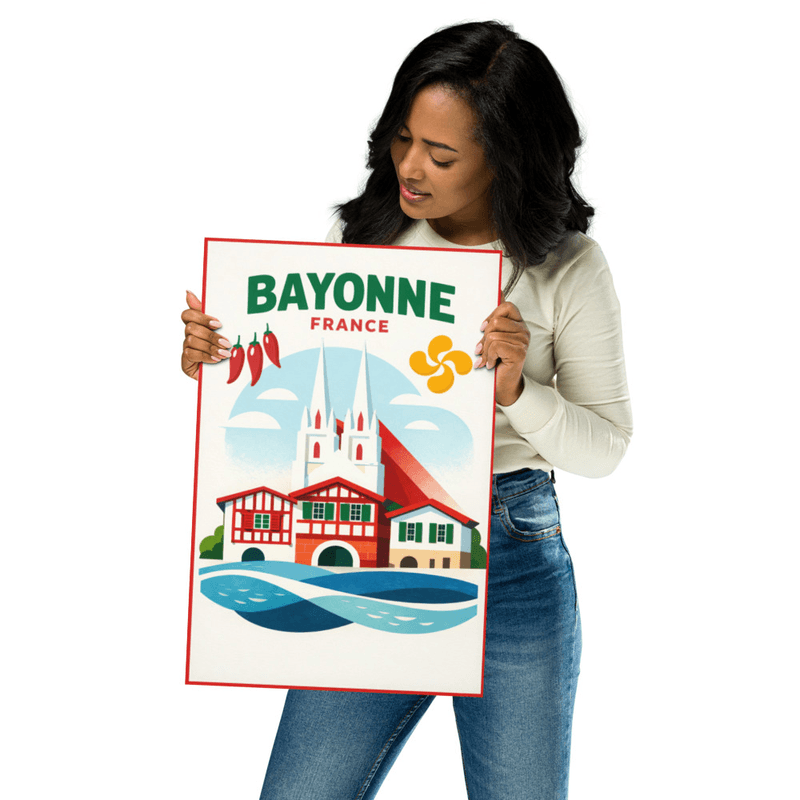 Affiche vintage Bayonne – Poster de voyage rétro, Cathédrale, Piment d’Espelette, Pays Basque, France