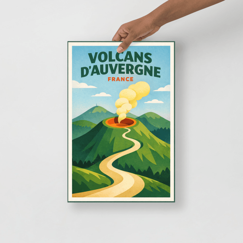 Affiche vintage Volcans d'Auvergne – Poster de voyage rétro, volcan, Puy de Dôme, Massif Central, France