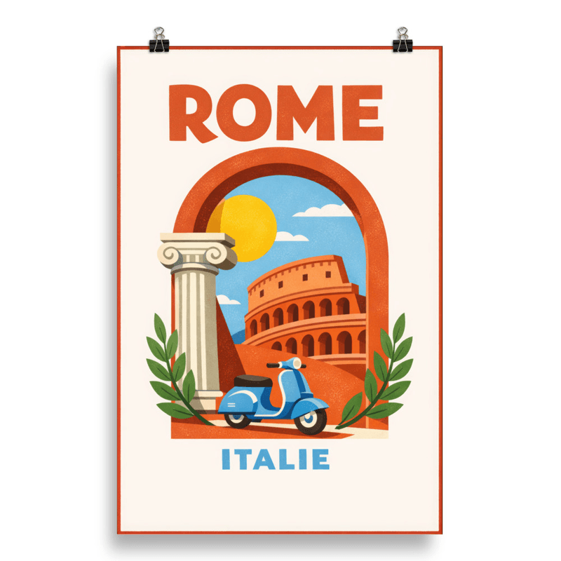 Affiche vintage Rome – Poster de voyage rétro, Colísée, Vespa, Lazio, Italie