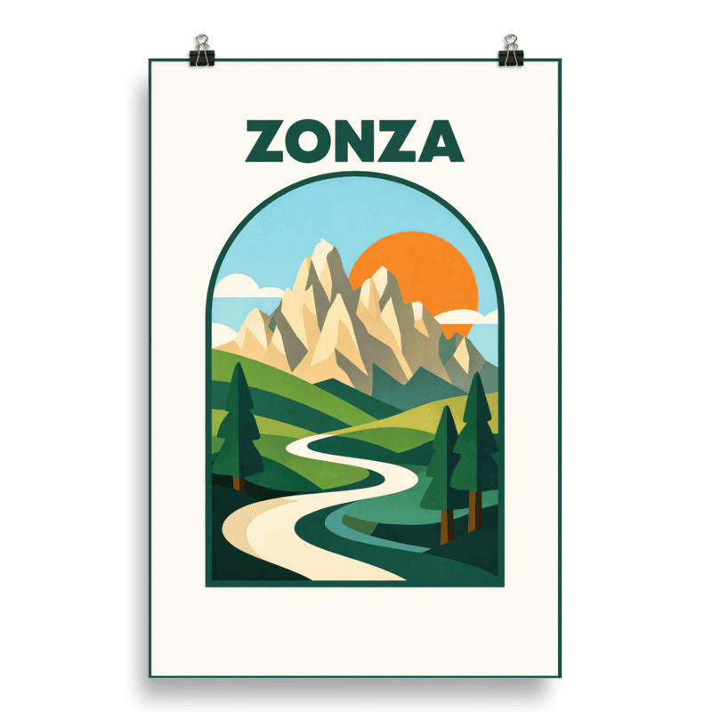 Affiche vintage Zonza – Poster de voyage rétro, montagnes, sapins, route, CORSE
