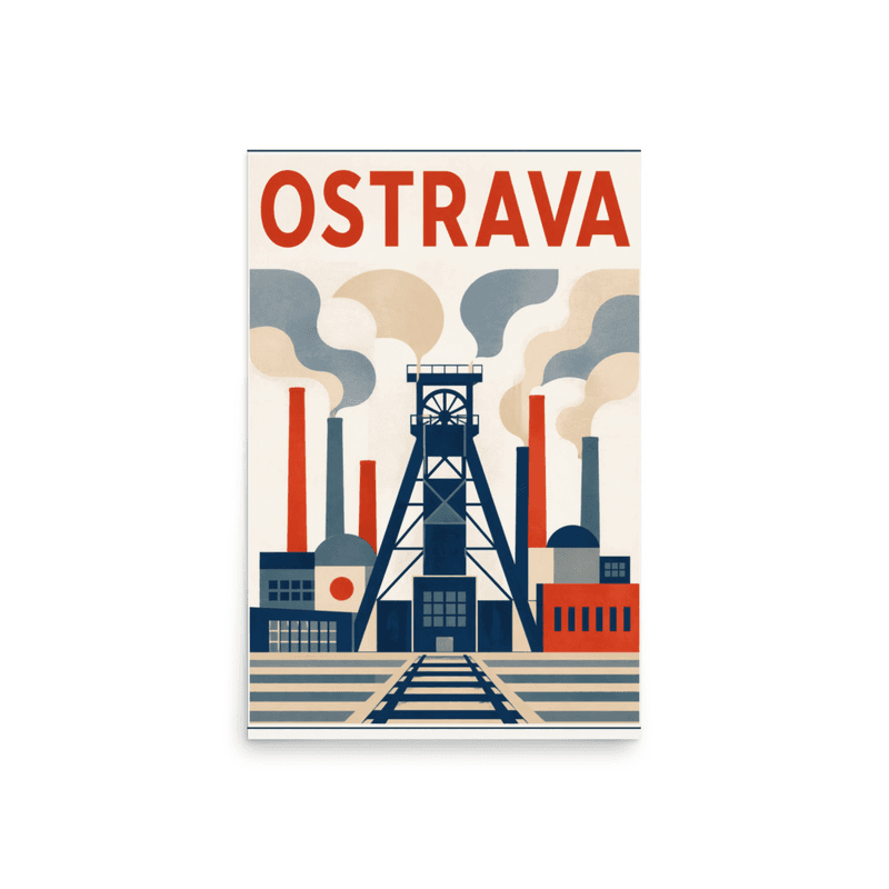Affiche vintage Ostrava – Poster de voyage rétro, Ville Industrielle et Tour Minière, TCHEQUIE