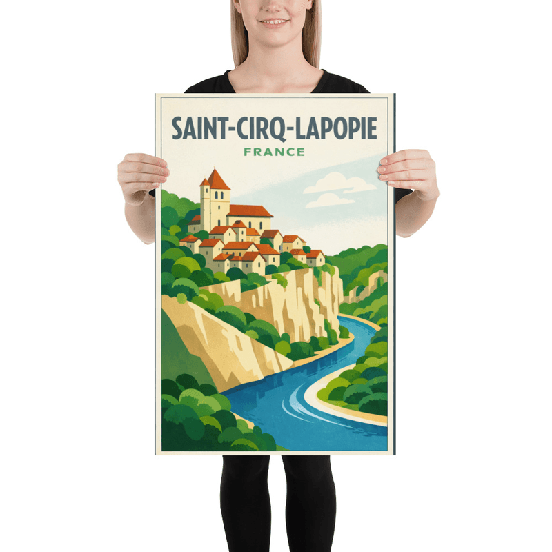 Affiche vintage Saint-Cirq-Lapopie – Poster de voyage rétro, Village médiéval, Lot, Occitanie, France