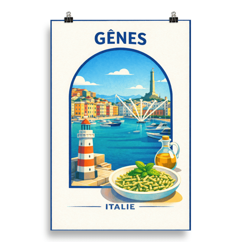 Affiche vintage Gênes – Poster de voyage rétro, Port historique, Ligurie, Italie