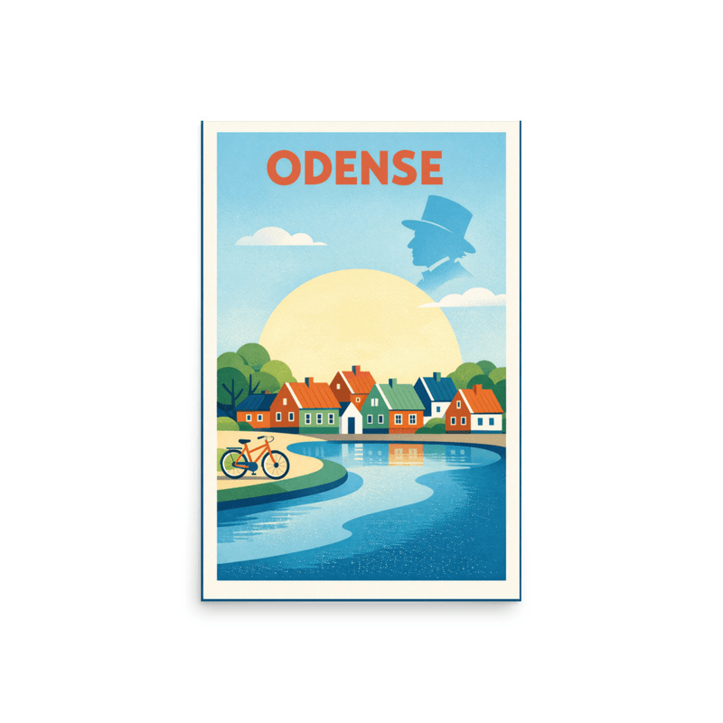 Affiche vintage Odense – Poster de voyage rétro, Hans Christian Andersen, vélo, rivière, DANEMARK
