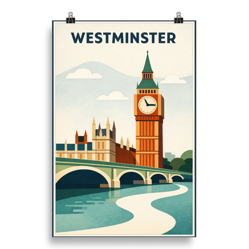 Affiche vintage Westminster – Poster de voyage rétro, Big Ben et Pont de Westminster, Angleterre