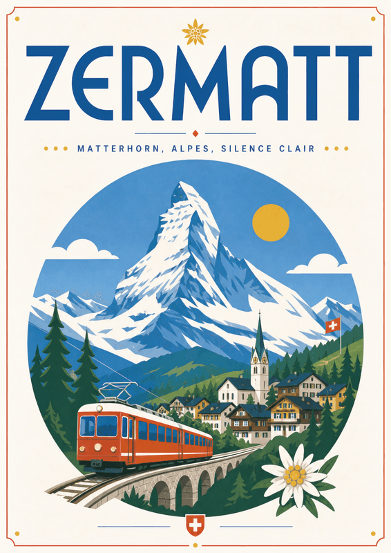 Affiche vintage Zermatt – Poster de voyage rétro, Zermatt, Suisse, EUROPE