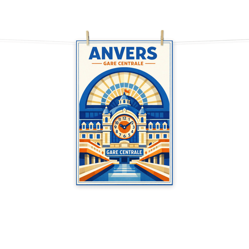 Affiche vintage Anvers – Poster de voyage rétro, gare centrale, Belgique