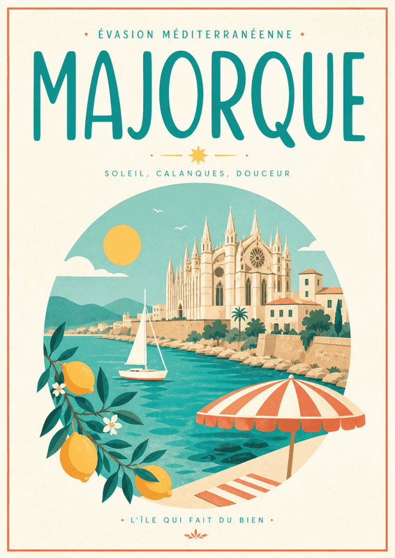 Affiche vintage Majorque – Poster de voyage rétro, Majorque, Espagne, EUROPE