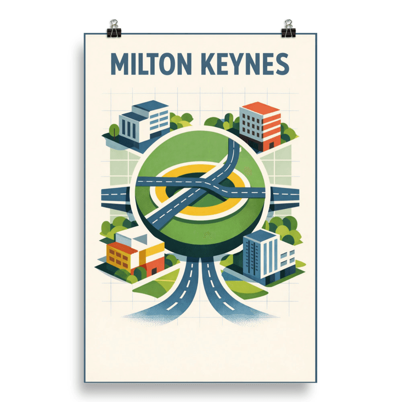 Affiche vintage Milton Keynes – Poster de voyage rétro, rond-point et ville moderne, Angleterre