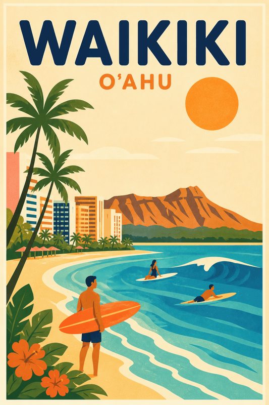 Affiche vintage Waikiki – Poster de voyage rétro, Waikiki, États-Unis, AMÉRIQUE DU NORD