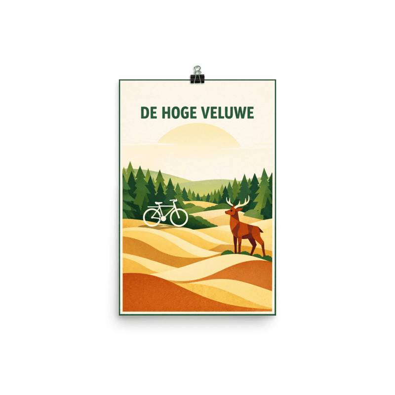 Affiche vintage De Hoge Veluwe – Poster de voyage rétro, cerf, forêt, vélo, parc national, PAYS-BAS