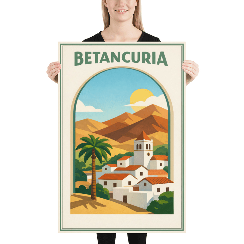 Affiche vintage Betancuria – Poster de voyage rétro, Village, Arche, Fuerteventura, Îles Canaries, Espagne