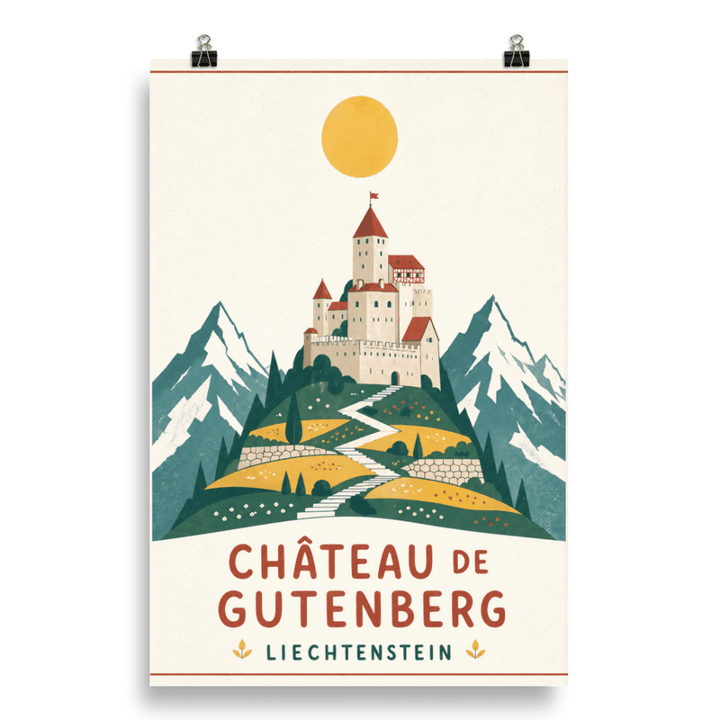 Affiche vintage Château de Gutenberg – Poster de voyage rétro, Forteresse de Montagne Alpine, Liechtenstein