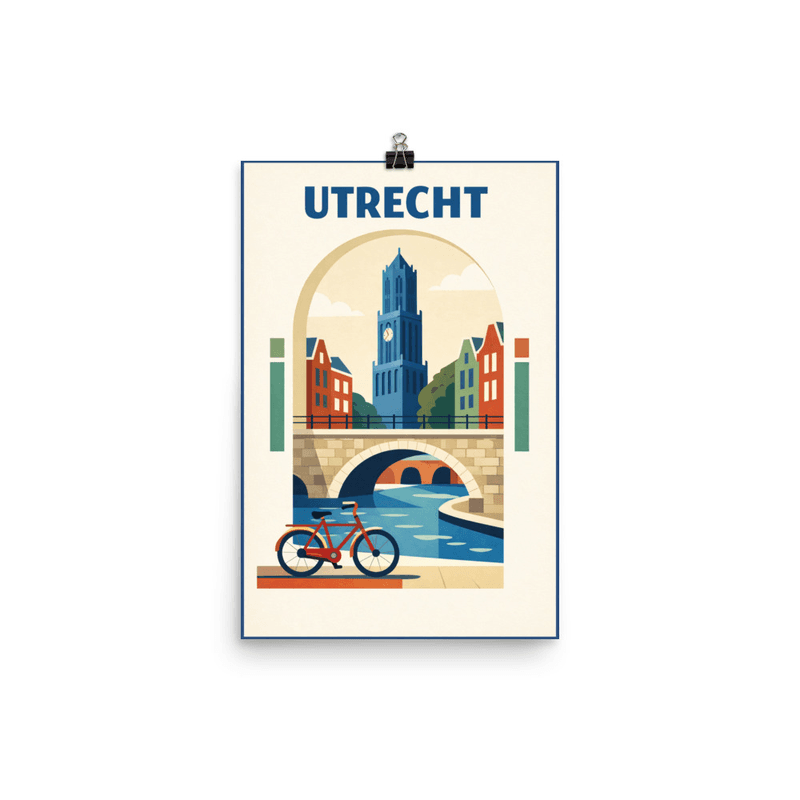 Affiche vintage Utrecht – Poster de voyage rétro, tour Dom, canal, pont, vélo, PAYS-BAS