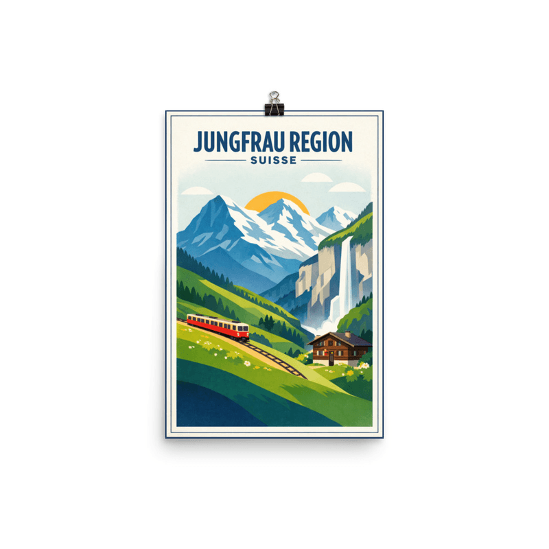 Affiche vintage Jungfrau Region – Poster de voyage rétro, montagnes et train rouge, canton de Berne, Suisse