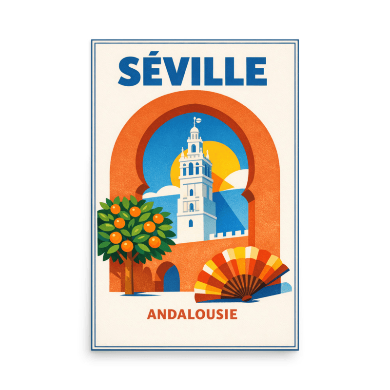 Affiche vintage Séville – Poster de voyage rétro, Guadalquivir, Orangers, Arche, Andalousie, Espagne