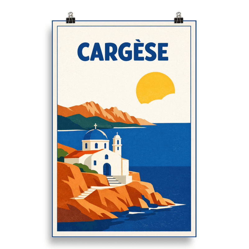 Affiche vintage Cargèse – Poster de voyage rétro, église grecque latine, falaises, soleil, CORSE