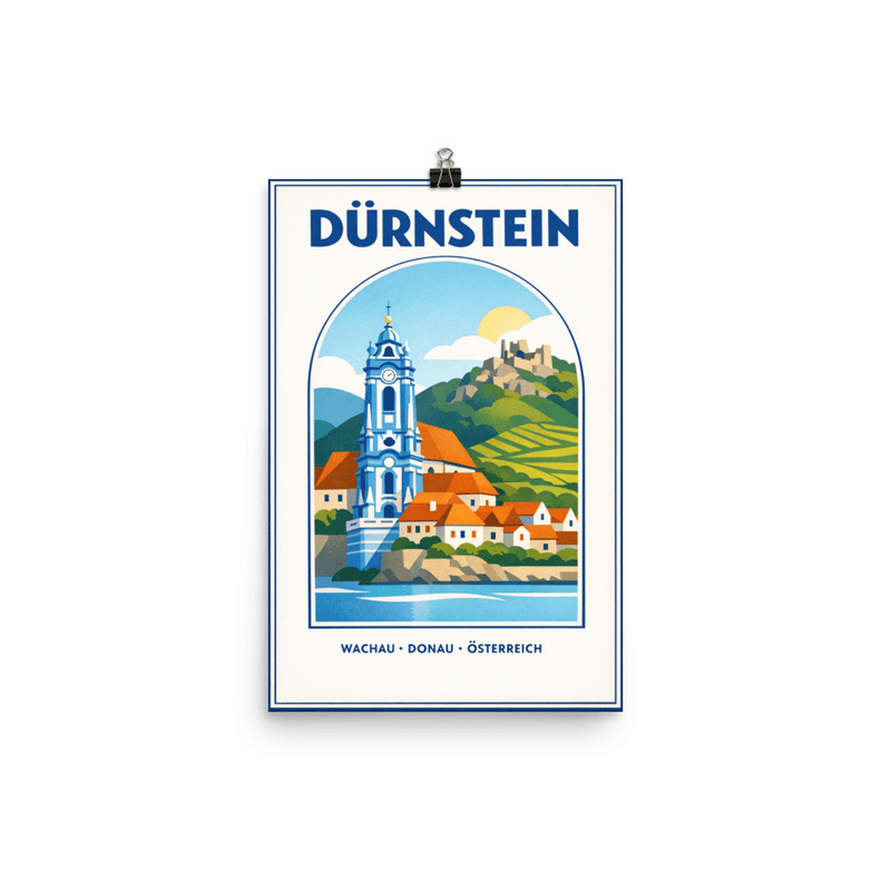 Affiche vintage Dürnstein – Poster de voyage rétro, Tour Bleue et Danube, AUTRICHE