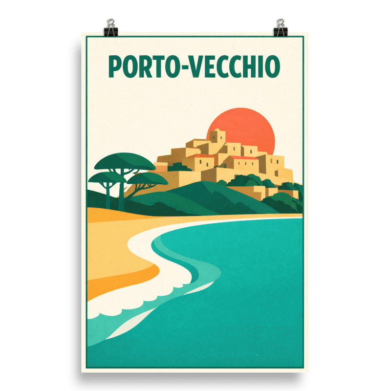 Affiche vintage Porto-Vecchio – Poster de voyage rétro, citadelle, plage, mer turquoise, CORSE