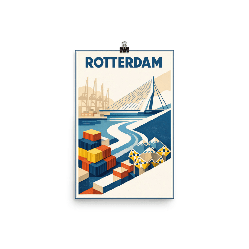 Affiche vintage Rotterdam – Poster de voyage rétro, pont Erasmus, port, conteneurs, PAYS-BAS