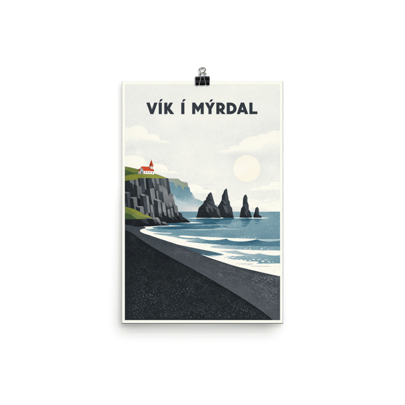 Affiche vintage Vík í Mýrdal – Poster de voyage rétro, Plage de Sable Noir, Iceland