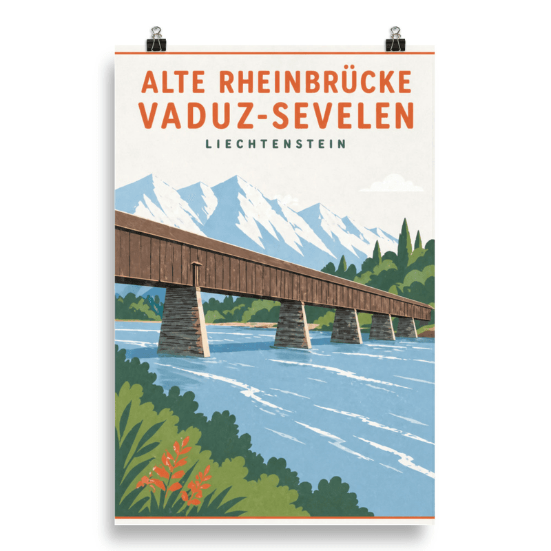 Affiche vintage Alte Rheinbrücke Vaduz-Sevelen – Poster de voyage rétro, Vieux Pont sur le Rhin, Liechtenstein