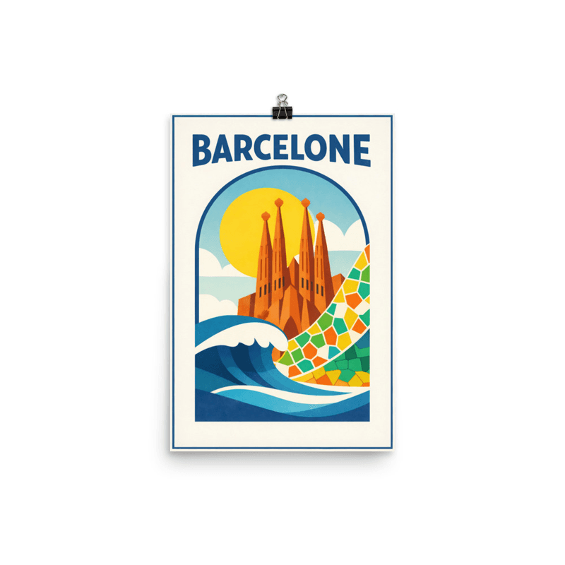 Affiche vintage Barcelone – Poster de voyage rétro, Sagrada Familia, Gaudí, Catalogne, Espagne