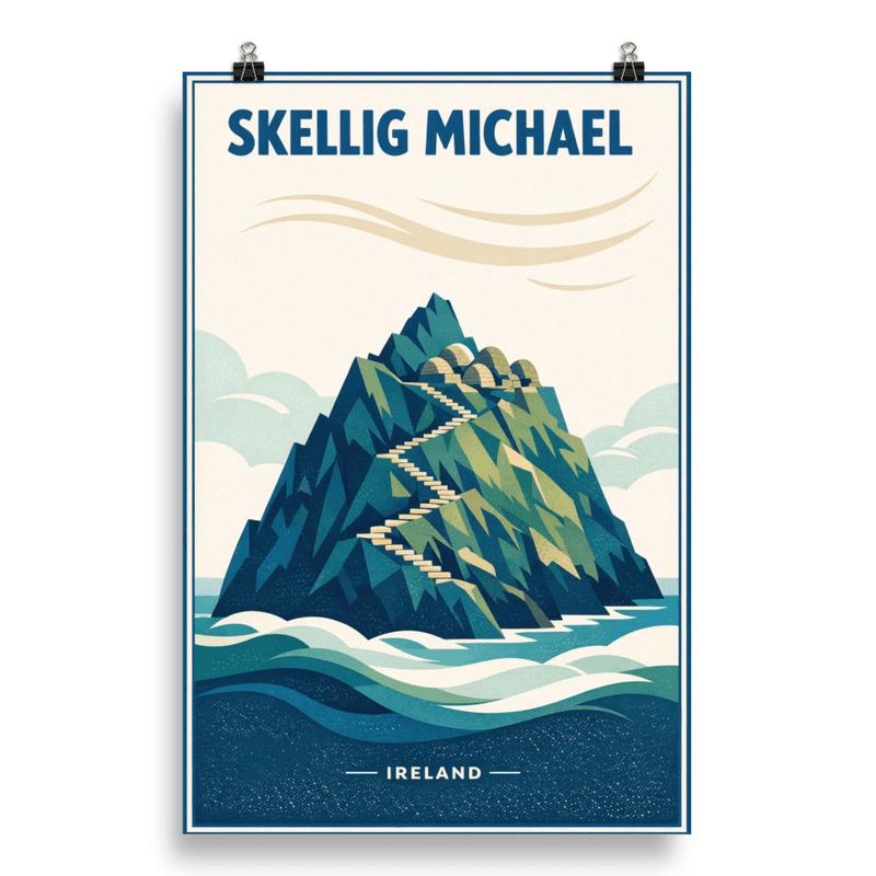 Affiche vintage Skellig Michael – Poster de voyage rétro, Île Monastique, IRLANDE