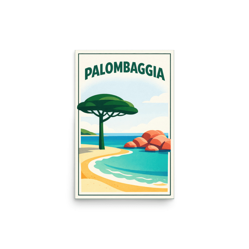 Affiche vintage Palombaggia – Poster de voyage rétro, plage, pin, eau turquoise, Corse, France