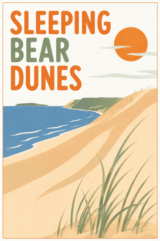 Affiche vintage Sleeping Bear Dunes – Poster de voyage rétro, Sleeping Bear Dunes, États-Unis, AMÉRIQUE DU NORD