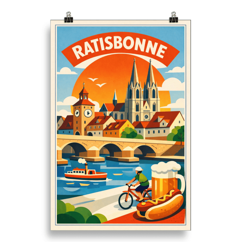 Affiche vintage Ratisbonne – Poster de voyage rétro, Cathédrale et Pont de Pierre, ALLEMAGNE