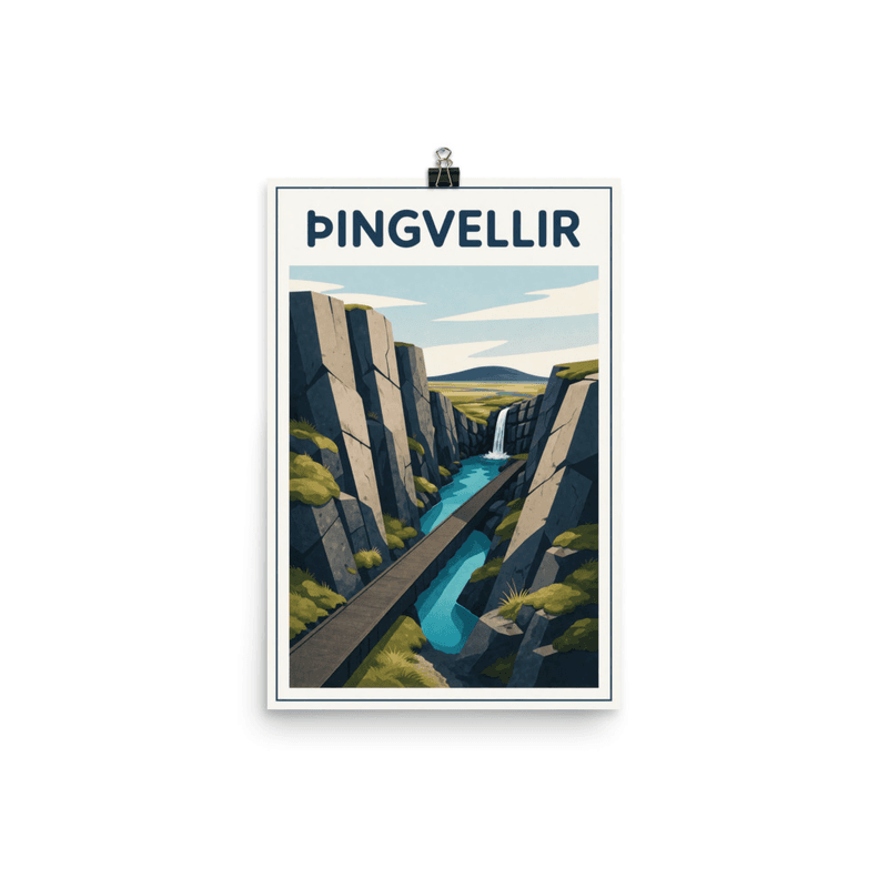 Affiche vintage Þingvellir – Poster de voyage rétro, Parc National et Gorges Basaltiques, Iceland