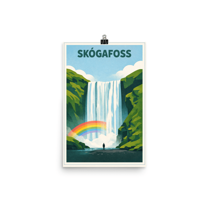 Affiche vintage Skógafoss – Poster de voyage rétro, Cascade et Arc-en-ciel, Iceland