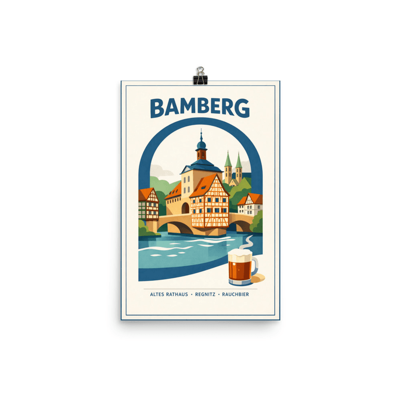 Affiche vintage Bamberg – Poster de voyage rétro, Altes Rathaus et Regnitz, ALLEMAGNE