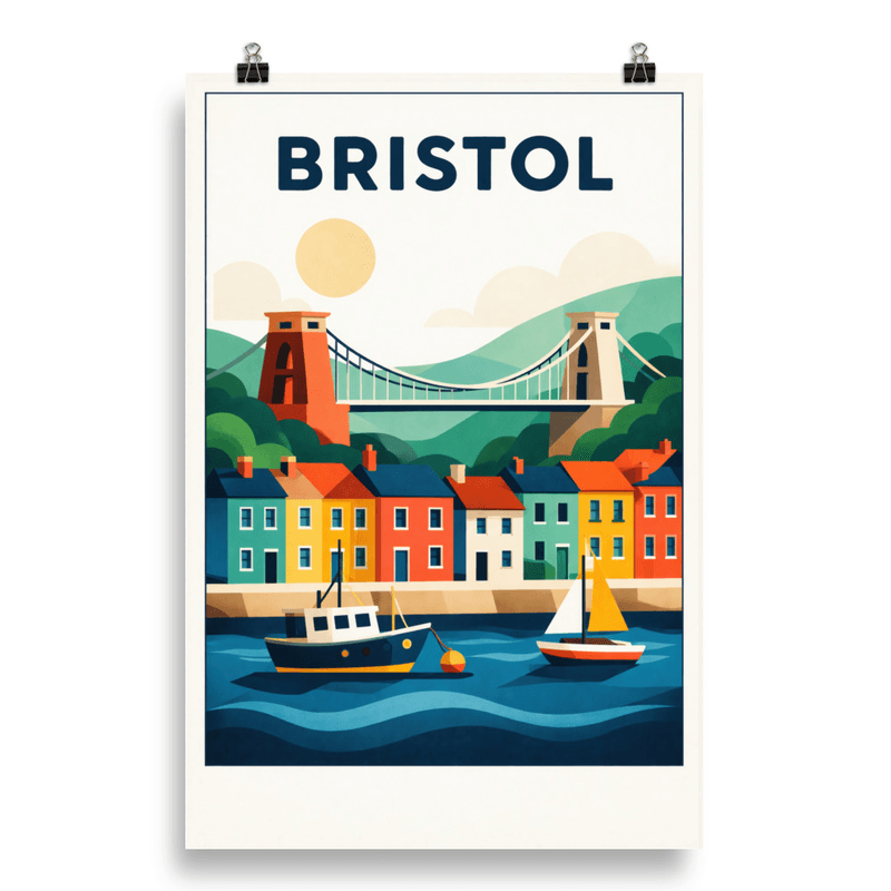 Affiche vintage Bristol – Poster de voyage rétro, Pont de Clifton et port fluvial, Angleterre