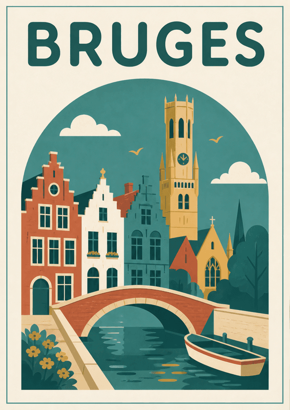 Affiche vintage Bruges – Poster de voyage rétro, Bruges, Belgique, EUROPE
