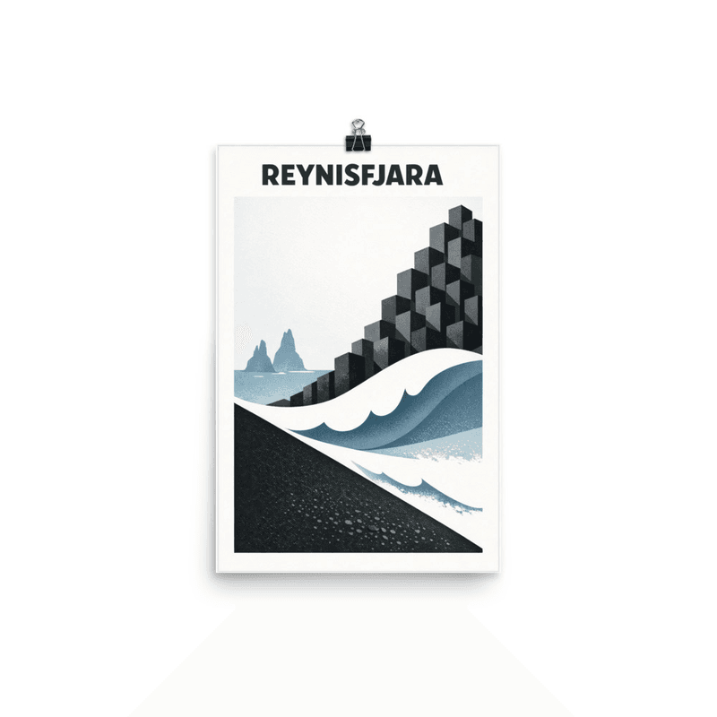 Affiche vintage Reynisfjara – Poster de voyage rétro, Plage de Sable Noir et Colonnes Basaltiques, Iceland