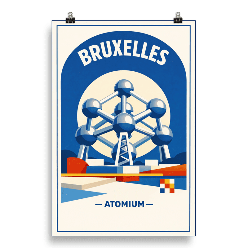 Affiche vintage Bruxelles – Poster de voyage rétro, Atomium futuriste, Belgique
