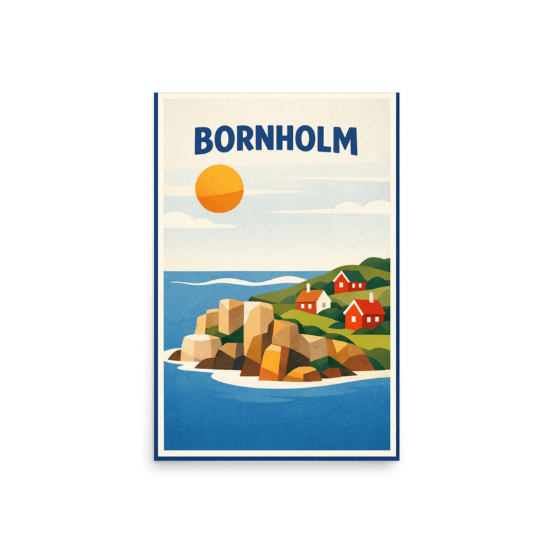 Affiche vintage Bornholm – Poster de voyage rétro, falaises, maisons rouges, mer, île, DANEMARK