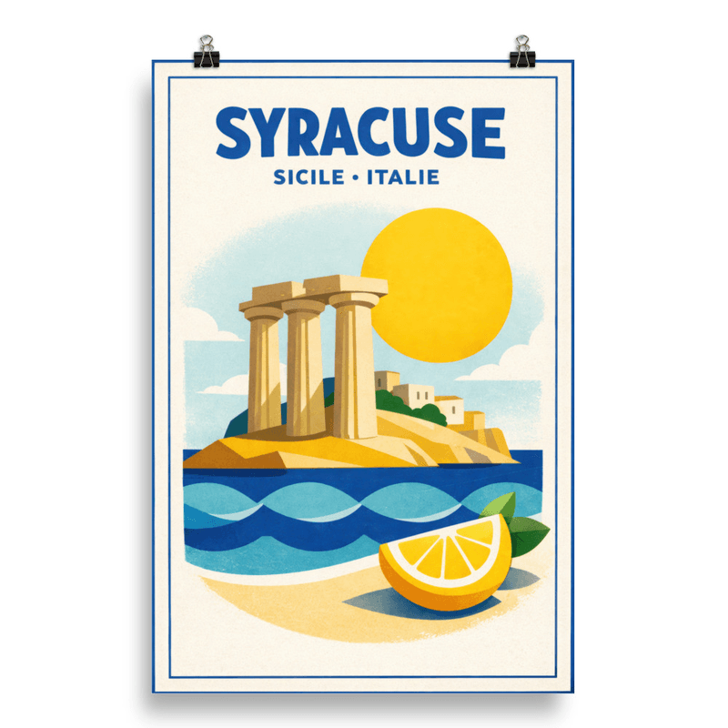 Affiche vintage Syracuse – Poster de voyage rétro, Temple Grec, Citrons, Sicile, Italie