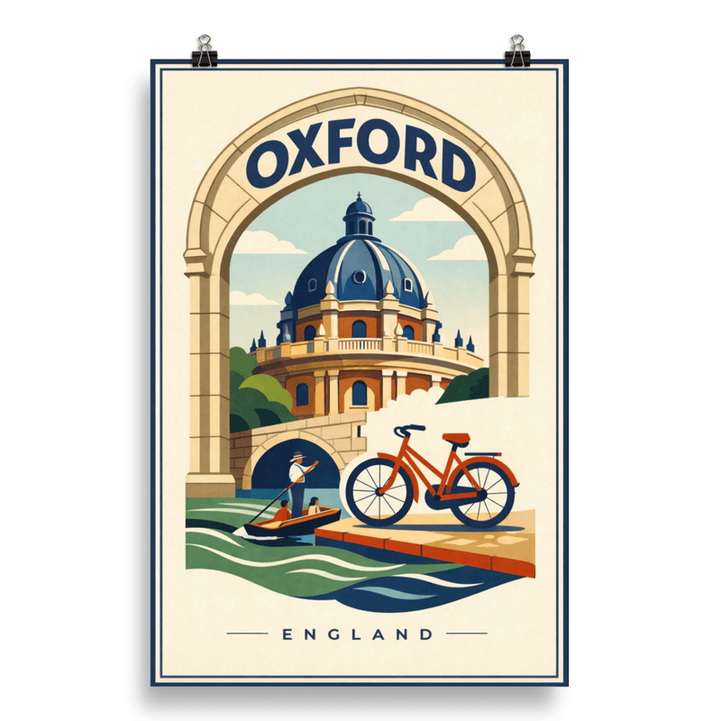 Affiche vintage Oxford – Poster de voyage rétro, Radcliffe Camera et rivière Cherwell, Angleterre