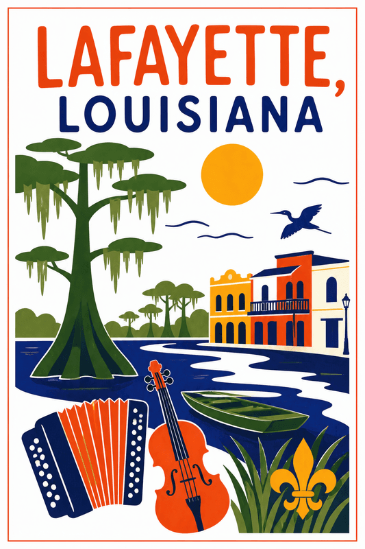 Affiche vintage Lafayette, Louisiana – Poster de voyage rétro, Lafayette, Louisiana, États-Unis, AMÉRIQUE DU NORD