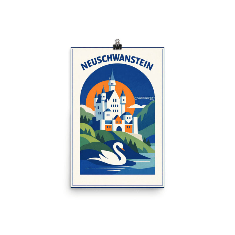 Affiche vintage Neuschwanstein – Poster de voyage rétro, Château Royal et Lac Alpsee, ALLEMAGNE