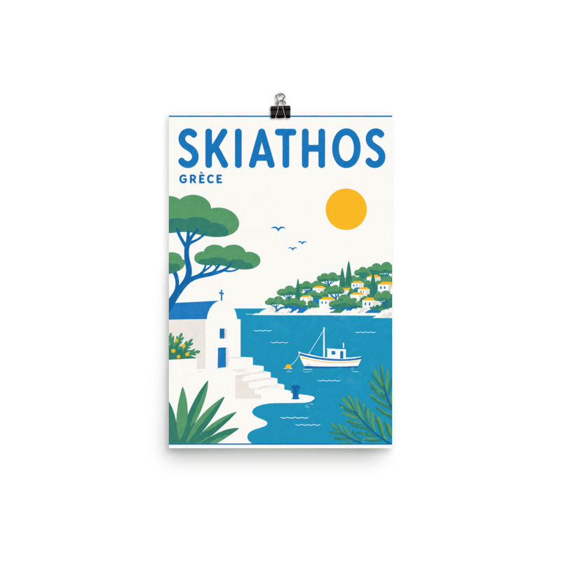 Affiche vintage Skiathos – Poster de voyage rétro, Église Bateau Végétation Maritime Mer Egée, GRECE