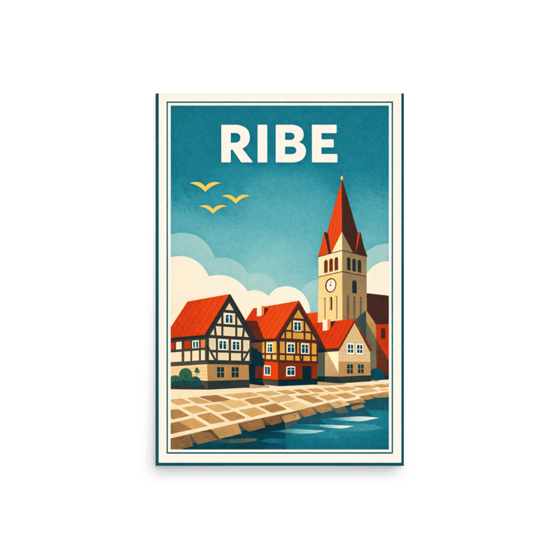 Affiche vintage Ribe – Poster de voyage rétro, église, maisons à colombages, vieille ville, DANEMARK