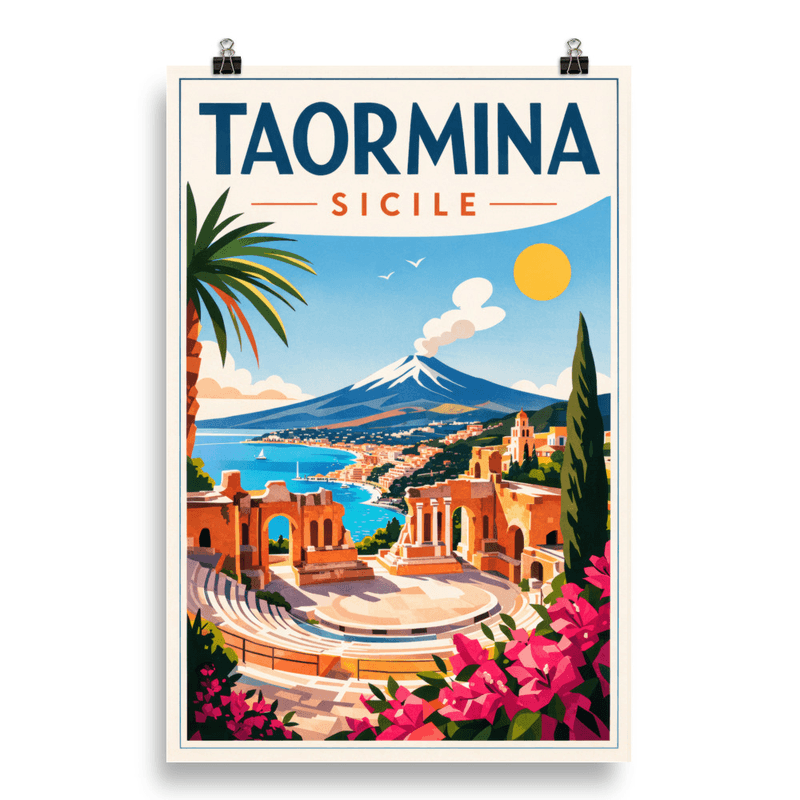 Affiche vintage Taormina – Poster de voyage rétro, Théâtre grec, Etna, Sicile, Italie