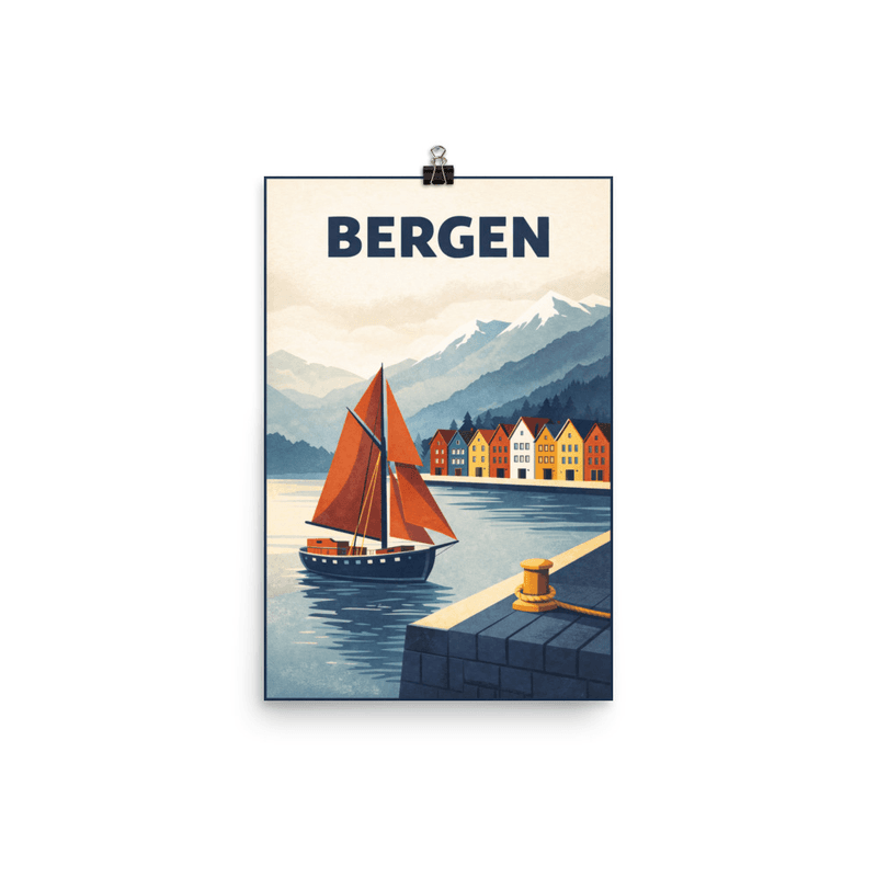 Affiche vintage Bergen II – Poster de voyage rétro, voilier, Bryggen, NORVEGE