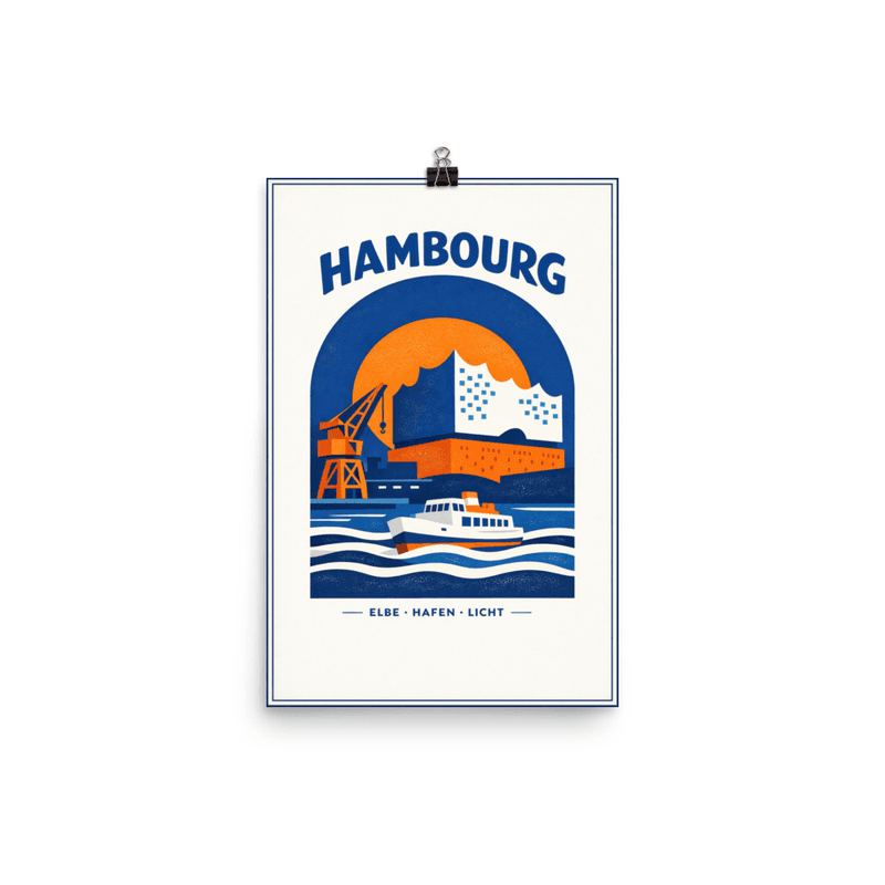 Affiche vintage Hambourg – Poster de voyage rétro, Elbphilharmonie et Port de l'Elbe, ALLEMAGNE