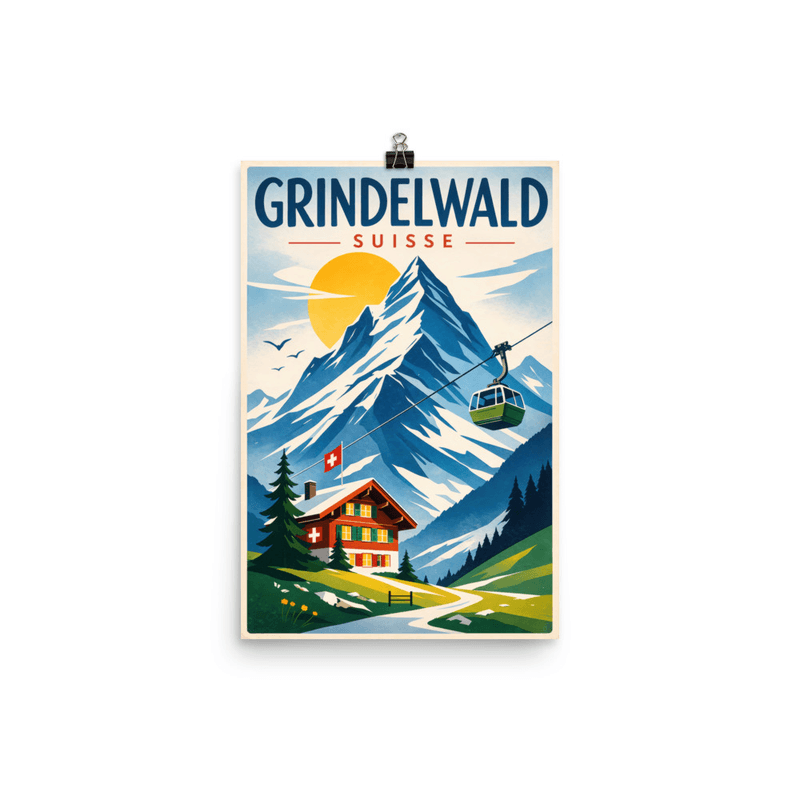 Affiche vintage Grindelwald – Poster de voyage rétro, montagnes, chalet suisse, téléphérique, Suisse